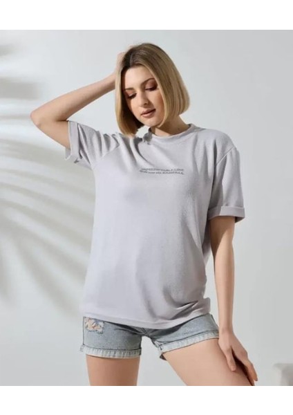 Unisex Bisiklet Yaka Baskılı Slim Fit T-Shirt - Boyalı Gri