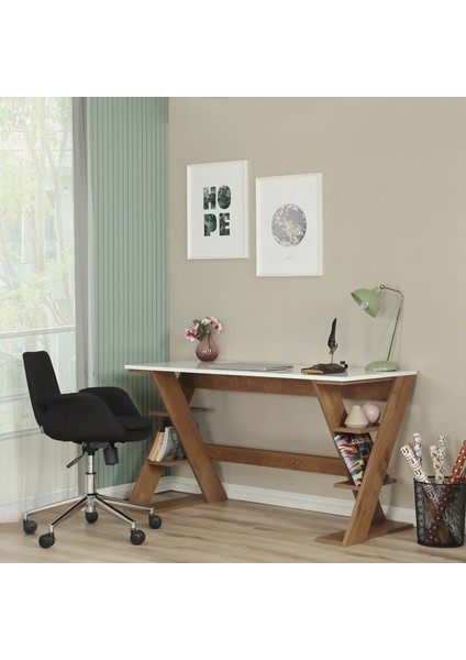 Pasific Home Lungo Raflı Çalışma Masası, Çok Amaçlı Ofis Masası, 60X140 Cm, Meşe&beyaz