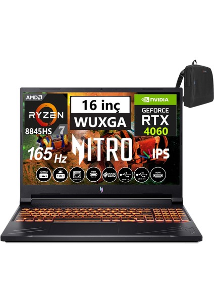 Nitro V16 ANV16-41 Amd R7 8845HS Aı 96GB Ddr5 512GB SSD 8GB/RTX4060 WINDOWS11HOME 16" 165Hz Wxuga IPS Taşınabilir Bilgisayar WNHQRUEY00337+WEBLEGELSINÇANTA