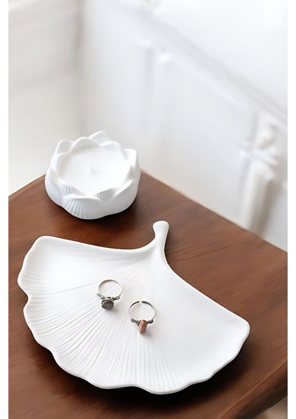 Beyaz Sunumluk Takı Tabağı Dekoratif Tepsi Obje Seti 2 Parça Model 1014