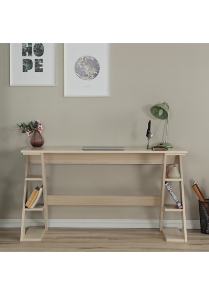 Pasific Home Lungo Raflı Çalışma Masası, Çok Amaçlı Ofis Masası, 60X140 Cm,açık Meşe