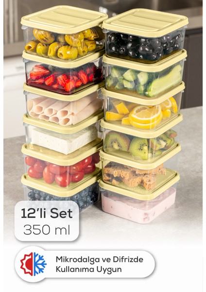 12LI 350 ml Buzdolabı Dondurucu Organizer Mikrodalga ve Difrize Uygun Saklama Kabı Sarı