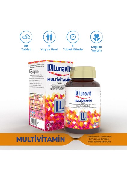 Multivitamin, Mineraller ve Kırmızı Kore Ginsengi İçeren 30 Tablet