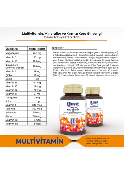 Multivitamin, Mineraller ve Kırmızı Kore Ginsengi İçeren 30 Tablet