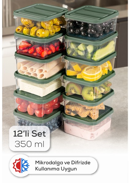 12LI 350 ml Buzdolabı Dondurucu Organizer Mikrodalga ve Difrize Uygun Saklama Kabı Yeşil