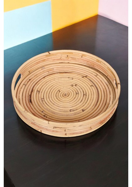 Doğal Rattan Yuvarlak Tepsi 30 cm El Yapımı Çok Amaçlı Dekoratif Sunum Tepsisi Sofra Servisi Oceanpoint