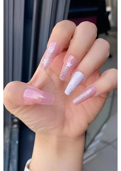 Pembe Renk 12'li Takma Takma Tırnak (Yapıştırıcılı)