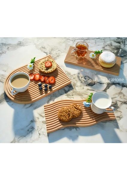 FurnizaHome Ahşap Oymalı Gökkuşağı Sunum Tepsisi 3'lü Set Dekoratif Sunumluk Kesme Tahtası Sunum Tabağı Sunumluk