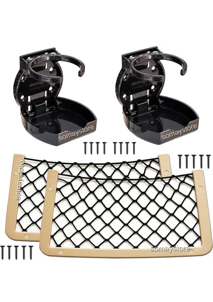 Tekne Karavan Seti 2 Adet Katlanır Bardaklık Oval Siyah 2 Adet Eşya Filesi Bej 32X17CM