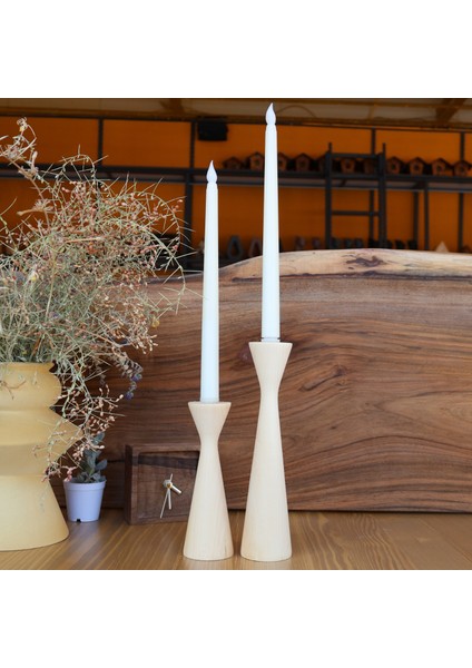 Atelier Doğal Ahşap Kestane Ağacından 2'li Şamdan & Mumluk Seti
