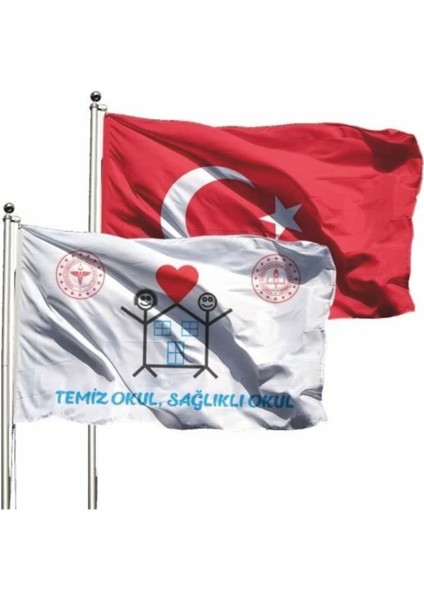 Temiz Okul (Beyaz Bayrak) + Türk Bayrağı 100X150CM Raşel Kumaş