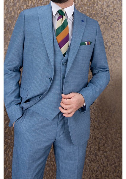 Erkek Slim Fit Sivri Yaka Mavi Yelekli Takım Elbise