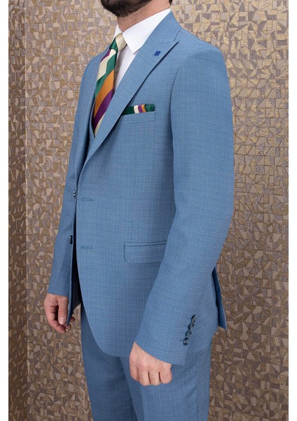 Erkek Slim Fit Sivri Yaka Mavi Yelekli Takım Elbise