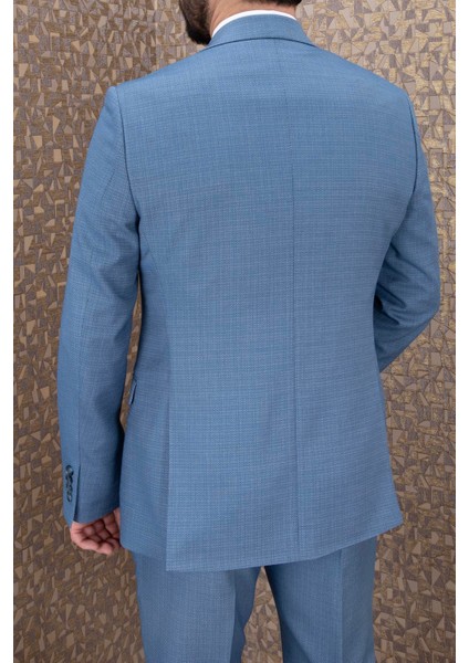 Erkek Slim Fit Sivri Yaka Mavi Yelekli Takım Elbise