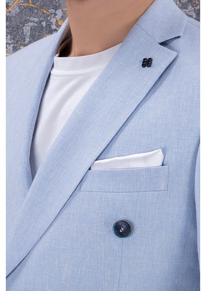 Erkek Slim Fit Mono Yaka Kruvaze Gök Mavi Takım Elbise