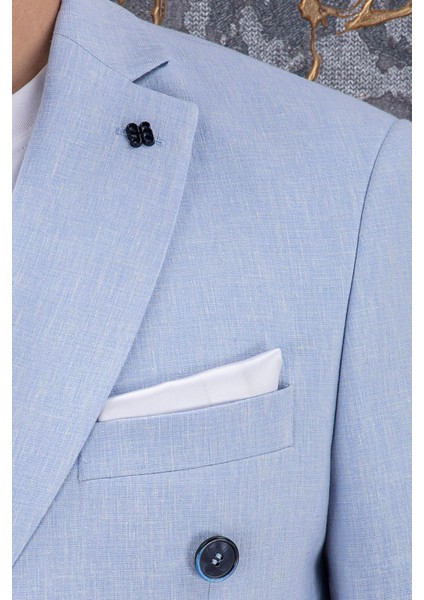 Erkek Slim Fit Mono Yaka Kruvaze Gök Mavi Takım Elbise