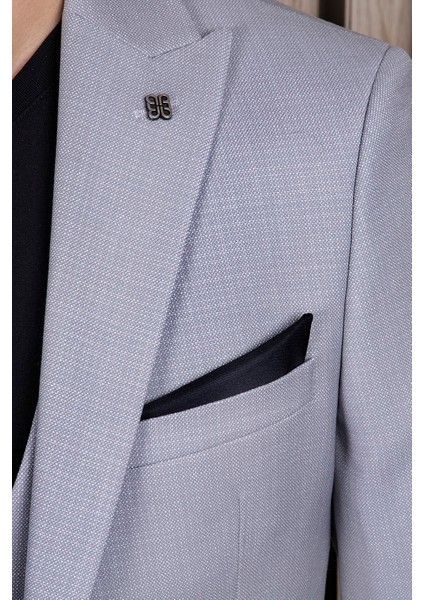 Erkek Slim Fit Sivri Yaka Açık Gri Yelekli Takım Elbise