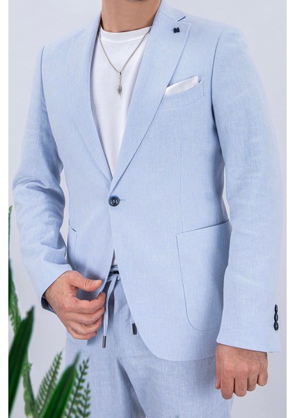 Erkek Slim Fit Mono Yaka Yarım Astar Gök Mavi Takım Elbise