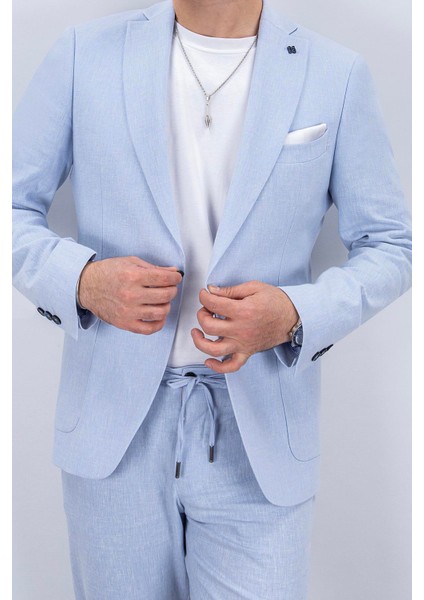 Erkek Slim Fit Mono Yaka Yarım Astar Gök Mavi Takım Elbise