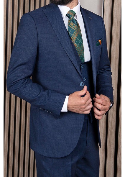 Erkek Slim Fit Sivri Yaka Lacivert Yelekli Takım Elbise