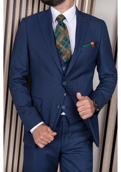 Erkek Slim Fit Sivri Yaka Lacivert Yelekli Takım Elbise fiyatları