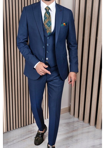 Erkek Slim Fit Sivri Yaka Lacivert Yelekli Takım Elbise fırsatları