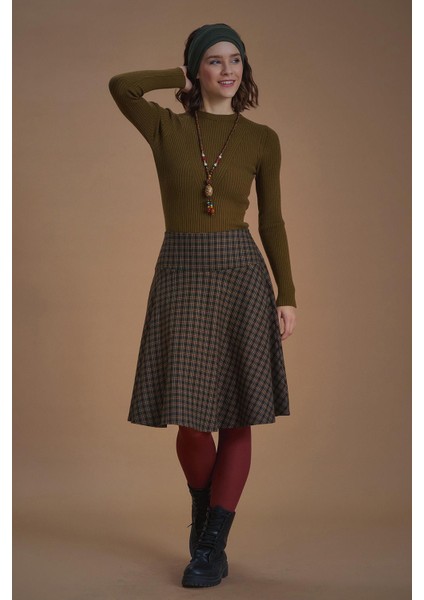 Bohem Tarz Kahve Kareli Kloş Etek