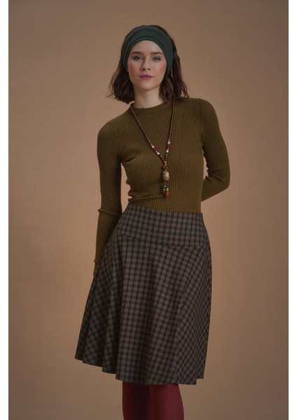 Bohem Tarz Kahve Kareli Kloş Etek