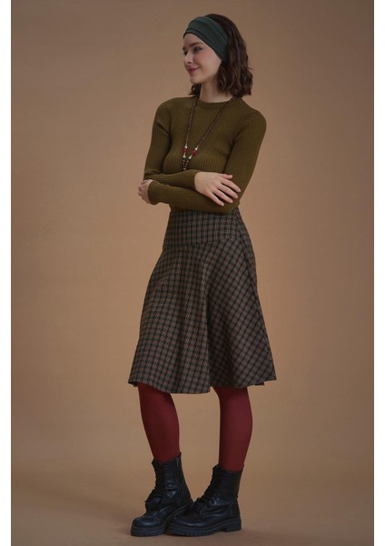 Bohem Tarz Kahve Kareli Kloş Etek