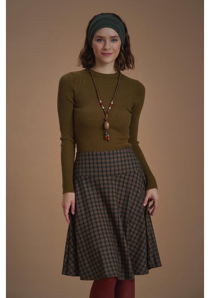 Bohem Tarz Kahve Kareli Kloş Etek