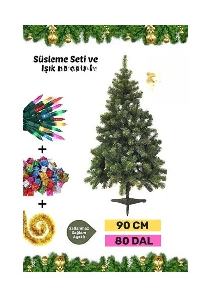 Premium Kutu Süsleme Seti Yılbaşı Çam Ağacı Renkli Işığı Yeni Yıl Süsleri Noel Paketi 90 cm 80 Dal