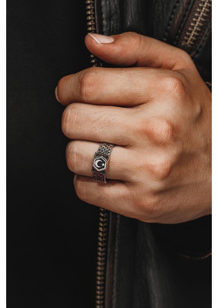 Erkek Gümüş Yüzük -Zirkon Taşlı Ay Yıldız Işlemeli Sarmal Model Erkek Yüzük modelleri