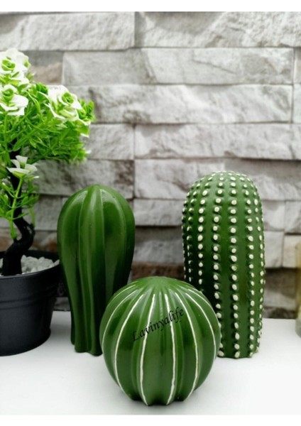 Dekoratif 3'lü Kaktüs Biblo, Beton, 20x10 cm, Canlı Yeşil Renk