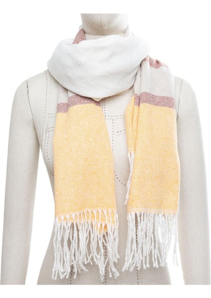 Yumuşak Dokulu Karma Çizgili Safran-Ekru Kalın Omuz Şalı fiyatları