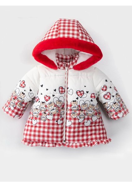 Yeni Bear Baskılı Fırfır Detaylı Varaklı Içi Kürklü Kapüşonlu Kışlık Içi Peluş Kız Bebek Mont Şişme