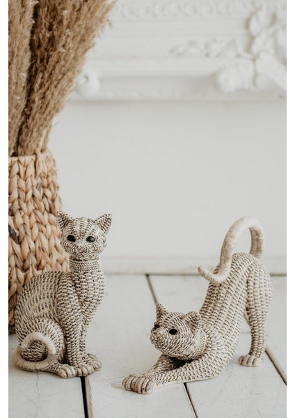 Sevimli Kedi Biblo, Hasır Desenli, Beyaz, Polyester, 31x25 cm, Dekoratif Figür