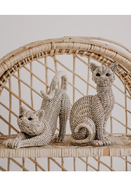 Sevimli Kedi Biblo, Hasır Desenli, Beyaz, Polyester, 31x25 cm, Dekoratif Figür fiyatları
