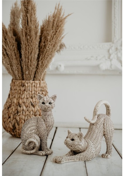 Sevimli Kedi Biblo, Hasır Desenli, Beyaz, Polyester, 31x25 cm, Dekoratif Figür modelleri