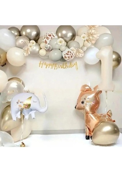 Fil Ceylan Folyo Balonlu Retro Krem Renk Balon Seti Doğum Günü Parti Seti Süsü