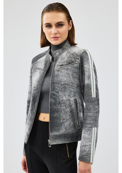 Sporty Kadın Gri Kısa Nubuk Deri Spor Ceket 24WGD5227WB