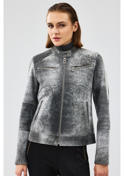 Sporty Kadın Gri Kısa Nubuk Deri Spor Ceket 24WGD5227WB fırsatları