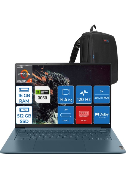 Yoga Pro 7 14APH8 Ryzen 7 7840HS 16GB LPDDR5X 512GB SSD 6GB/RTX3050 14.5" 3k IPS 400NITS 120Hz Dolby Vision WIN11PRO Taşınabilir Bilgisayar L82Y8002LTXWP01 + Zettaçanta