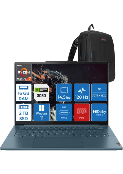 Yoga Pro 7 14APH8 Ryzen 7 7840HS 16GB LPDDR5X 2tb SSD 6GB/RTX3050 14.5" 3k IPS 400NITS 120Hz Dolby Vision WIN11PRO Taşınabilir Bilgisayar L82Y8002LTXWP01 + Zettaçanta