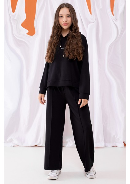 Siyah Cool Yazılı Kapüşonlu Geniş Paça Kız Çocuk Eşofman Takımı 19534