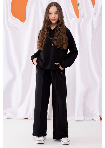 Siyah Cool Yazılı Kapüşonlu Geniş Paça Kız Çocuk Eşofman Takımı 19534 fiyatları
