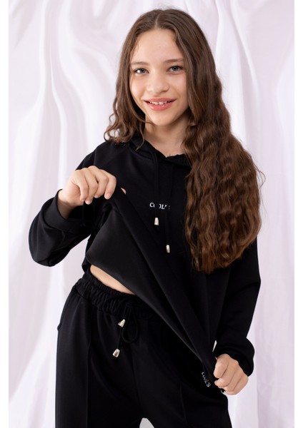 Siyah Cool Yazılı Kapüşonlu Geniş Paça Kız Çocuk Eşofman Takımı 19534 modelleri