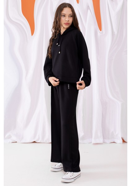 Siyah Cool Yazılı Kapüşonlu Geniş Paça Kız Çocuk Eşofman Takımı 19534 fırsatları