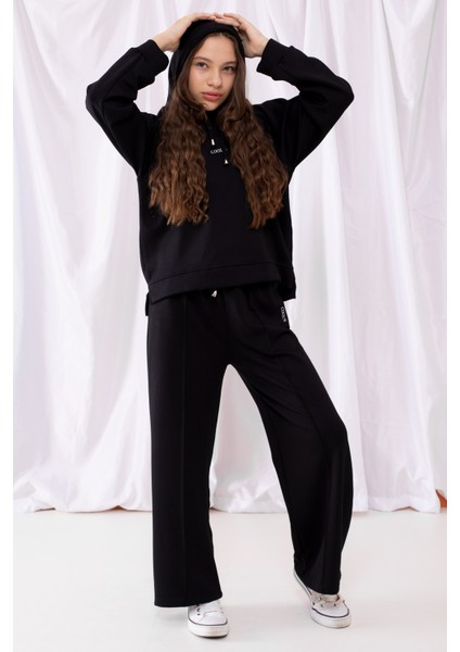 Siyah Cool Yazılı Kapüşonlu Geniş Paça Kız Çocuk Eşofman Takımı 19534 indirimleri