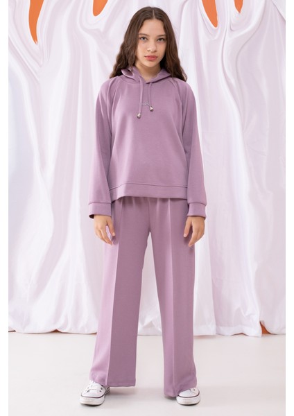 Lila Cool Yazılı Kapüşonlu Geniş Paça Kız Çocuk Eşofman Takımı 19536