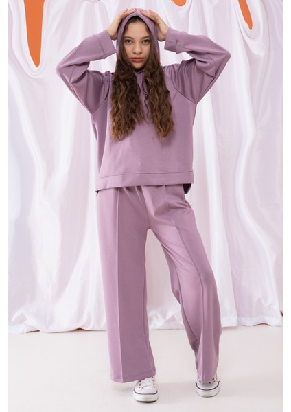Lila Cool Yazılı Kapüşonlu Geniş Paça Kız Çocuk Eşofman Takımı 19536 modelleri